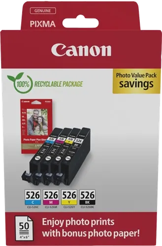 Canon CLI-526 Noir(e) / Cyan / Magenta / Jaune Value Pack + 10x15 cm Fotopapier 50 Blatt — Consommables informatiques