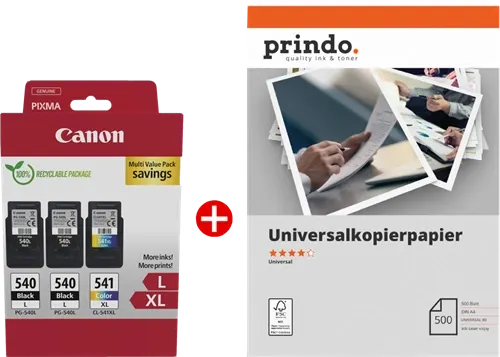 Canon PG-540L+CL-541XL MCVP Noir(e) / Plusieurs couleurs / Blanc Value Pack + Prindo Universal Papier 500 Blatt —…