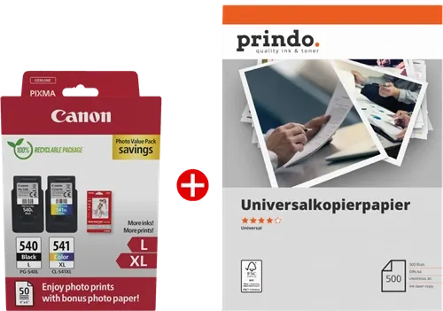 Canon PG-540L+CL-541XL MCVP Noir(e) / Plusieurs couleurs / Blanc Value Pack + Prindo Universal Papier 500 Blatt —…