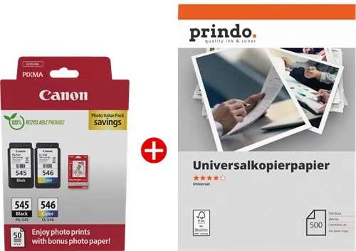 Canon PG-545+CL-546 MCVP Noir(e) / Plusieurs couleurs / Blanc / Blanc Value Pack + Prindo Universal Papier 500 Blatt —…
