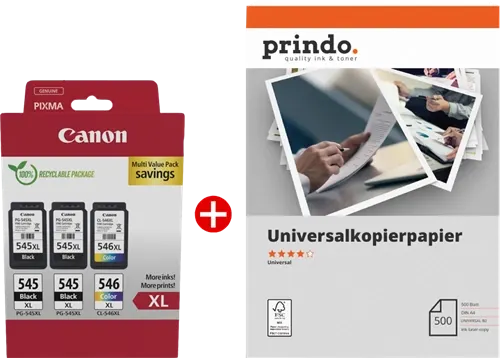Canon PG-545XL+CL-546XL MCVP Noir(e) / Plusieurs couleurs / Blanc Value Pack + Prindo Universal Papier 500 Blatt —…