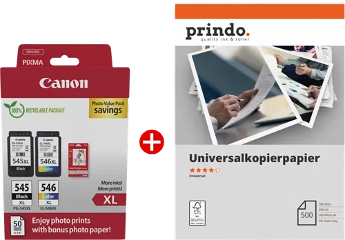 Canon PG-545XL + CL-546XL MCVP Noir(e) / Plusieurs couleurs / Blanc Value Pack + Prindo Universal Papier 500 Blatt —…