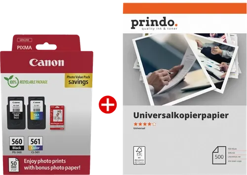 Canon PG-560+CL-561 MCVP Noir(e) / Plusieurs couleurs / Blanc / Blanc Value Pack + Prindo Universal Papier 500 Blatt —…