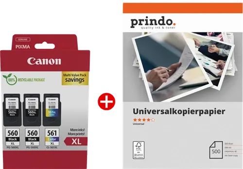 Canon PG-560XL+CL-561XL MCVP Noir(e) / Plusieurs couleurs / Blanc Value Pack + Prindo Universal Papier 500 Blatt —…