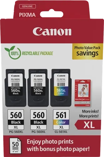Canon PG-560XL+CL-561XL Noir(e) / Plusieurs couleurs / Blanc Value Pack + 10x15 cm Fotopapier 50 Blatt — Consommables…