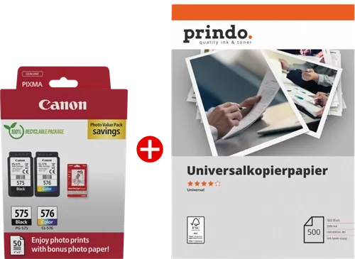Canon PG-575+CL-576 MCVP Noir(e) / Plusieurs couleurs / Blanc / Blanc Value Pack + Prindo Universal Papier 500 Blatt —…