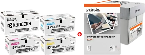 Kyocera TK-5440 MCVP Noir(e) / Cyan / Magenta / Jaune / Blanc Value Pack + Prindo Universal Papier 2500 Blatt —…
