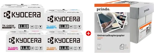 Kyocera TK-5480 MCVP Noir(e) / Cyan / Magenta / Jaune / Blanc Value Pack + Prindo Universal Papier 2500 Blatt —…