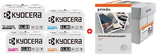 Kyocera TK-5490 MCVP Noir(e) / Cyan / Magenta / Jaune / Blanc Value Pack + Prindo Universal Papier 2500 Blatt —…