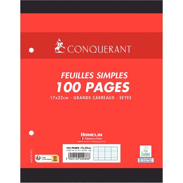 Sachet de 50 feuillets mobiles, format 17x22 cm, seyès, papi, CONQUÉRANT SEPT — Classement