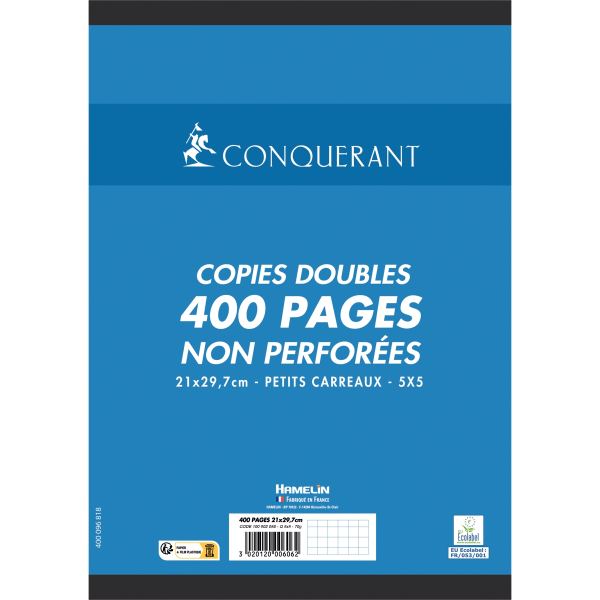 Sachet de 100 copies doubles NON perforées, format A4, quadrillé 5x5, papier 70g, blanc, CONQUÉRANT SEPT — Copies doubles