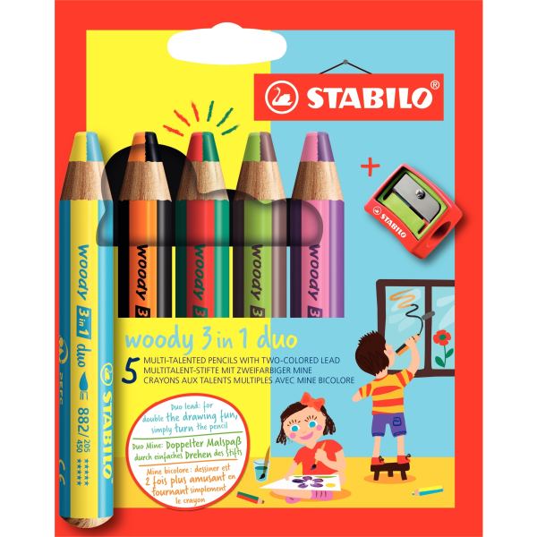 STABILO Crayon multi-talents woody 3 en 1 duo, étui de 5 — Crayons à la cire & craies gel