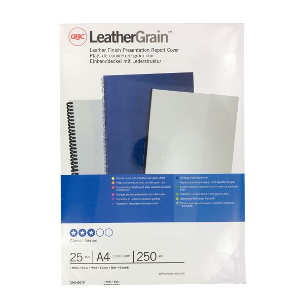Paquet de 25 couvertures grain cuir 250 gr/m² format A4 blan, GBC — BUREAUTIQUE