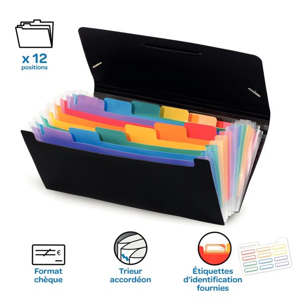 Trieur extensible format chèque RAINBOW CLASS en polypropylène, 12 compartiments, noir — Classement