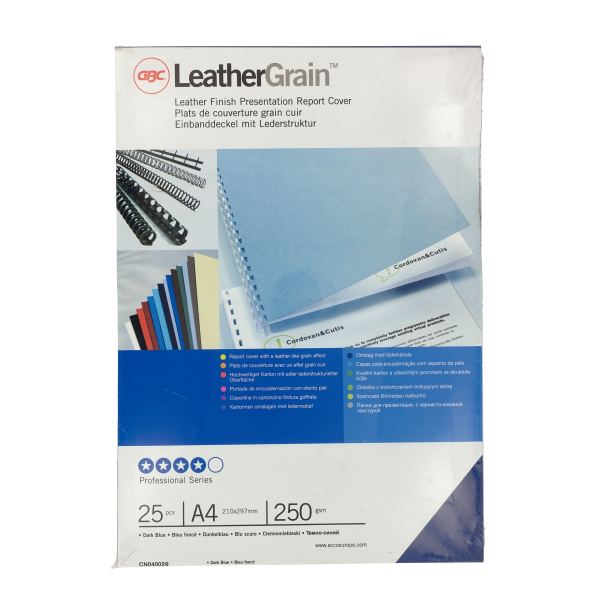 Paquet de 25 couvertures grain cuir 250 gr/m² format A4 bleu, GBC — BUREAUTIQUE