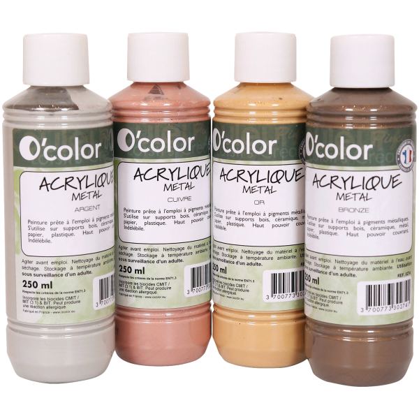 Lot de 4 flacons 250 ml de peinture acrylique métal O'COLOR — DESSIN SCOLAIRE ET PROFESSIONNEL
