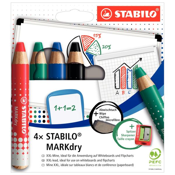 Étui de 4 crayons Markdry assortis + 1 chiffonnette + 1 taille-crayon, STABILO — Marqueurs tableau blanc & chevalet