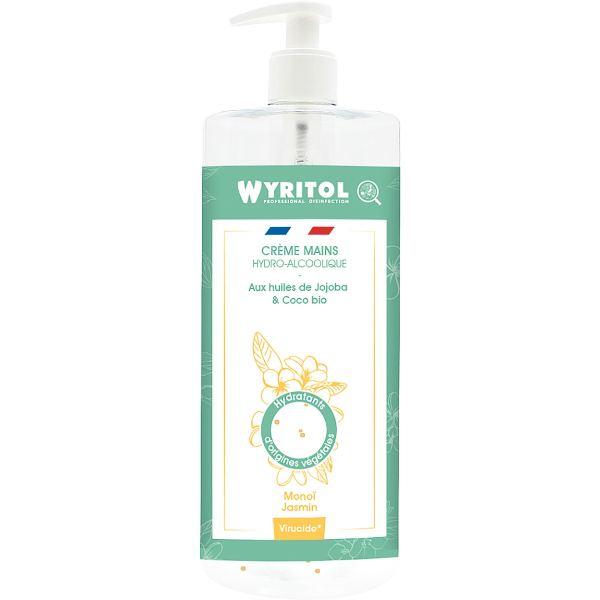 Flacon pompe 500 ml crème hydroalcoolique monoï jasmin, WYRITOL — SERVICES GENERAUX