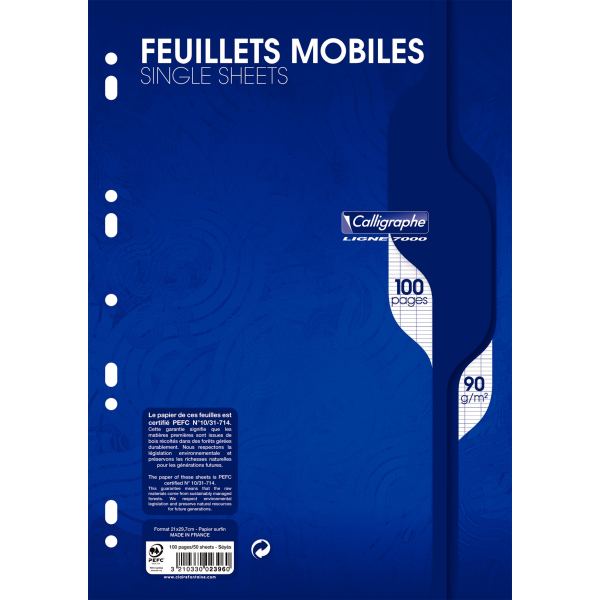 Sachet de 50 feuillets mobiles, format A4, seyès, papier 90g, Calligraphe — Classement