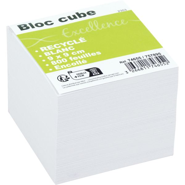 Bloc cube recyclé blanc d'environ 800 feuilles encollées, dimensions : 9 x 9 x 7.5 cm, EXCELLENCE — CAHIERS ET DERIVES DE…