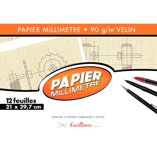 Pochette de 12 feuilles de papier millimétré, 90g format 21x29,7 cm EXCELLENCE — Non classé