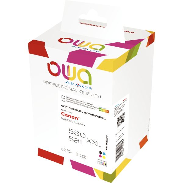 OWA lot 5 cart encre 2xN CMJ très hte capa remanufacturées compatibles Canon PGI580XXL/CLI581XXL — Consommables informatiques
