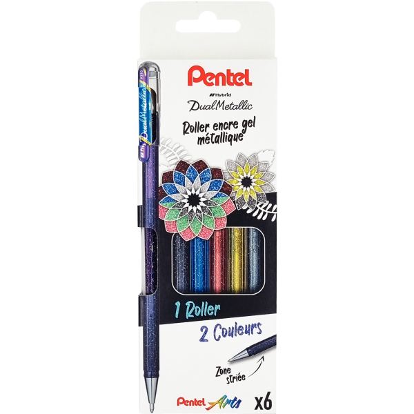 Roller Gel Pentel Dual Metallic Retractable Pointe 1mm Effets Couleur Coloris Assortis Pochette 6 Unites — Écrire et corriger