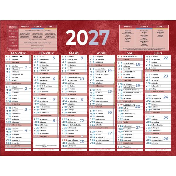 Calendrier semestriel 6 mois par face 13,5x17,5cm rouge, N.C — CAHIERS ET DERIVES DE PAPIER