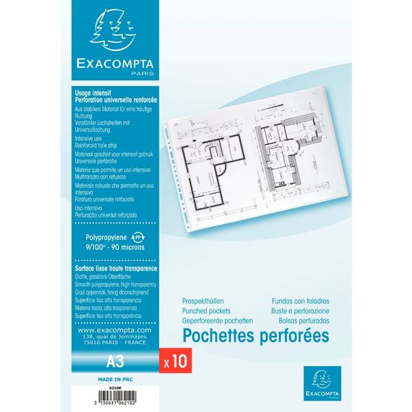 Sachet de 10 pochettes perforées pour format A3 en polypropy, N.C — Classement