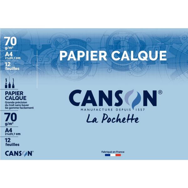 Pochette de 12 feuilles de papier calque satin format 21x29,7cm 70g, CANSON — Papiers technique