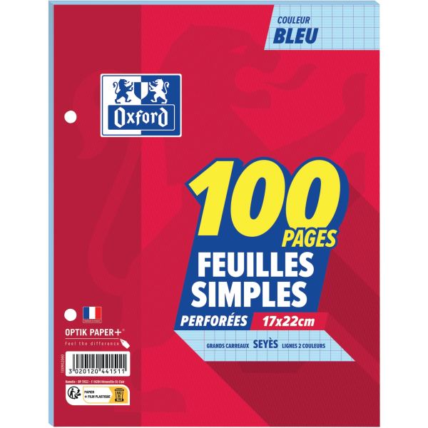 Sachet de 50 feuillets mobiles OXFORD, format 17x22 cm, seyès, bleu — Non classé