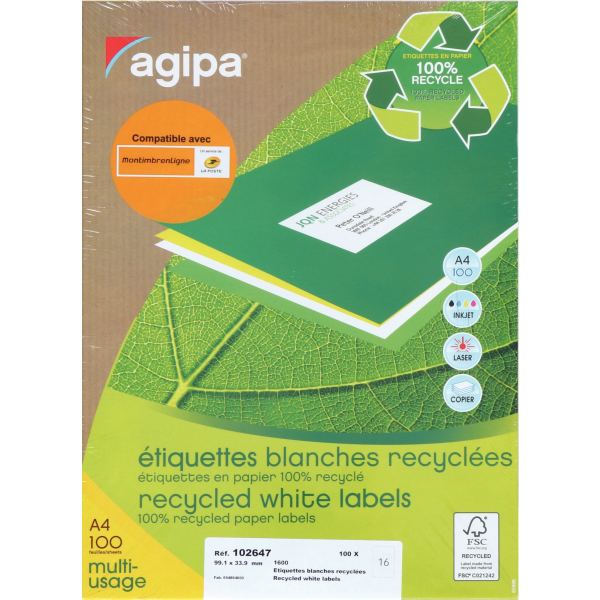 Boîte de 1600 étiquettes multi-usages blanches recyclées 99,1x33,9mm — Non classé