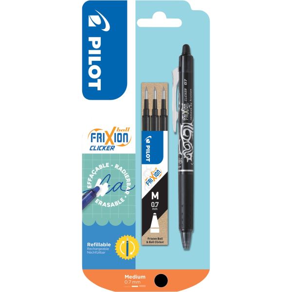 Blister de 1 roller Frixion Clicker noir et 3 recharges noir — Écrire et corriger