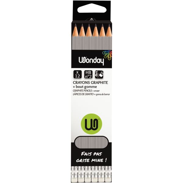Boîte de 12 crayons graphite standard HB bout gomme, Wonday — Écrire et corriger