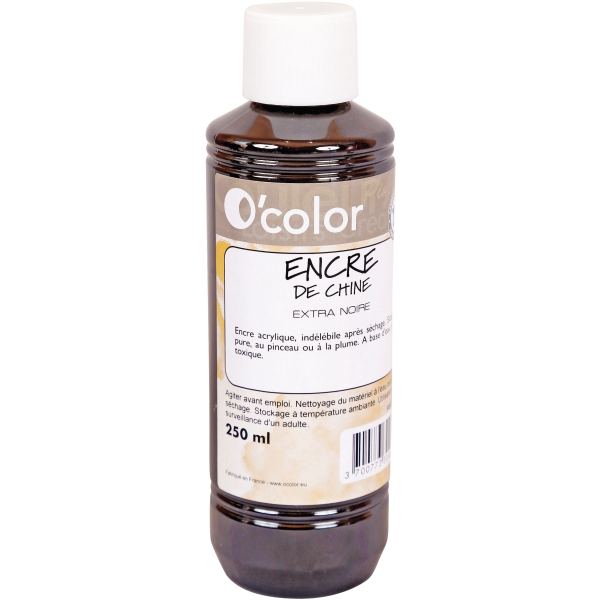Flacon de 250 ml d'encre de chine noire, O'COLOR — DESSIN SCOLAIRE ET PROFESSIONNEL