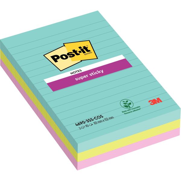 Paquet de 3 blocs Notes Super Sticky de 90 feuilles lignées, format 101 x 152 mm, Cosmic — Non classé