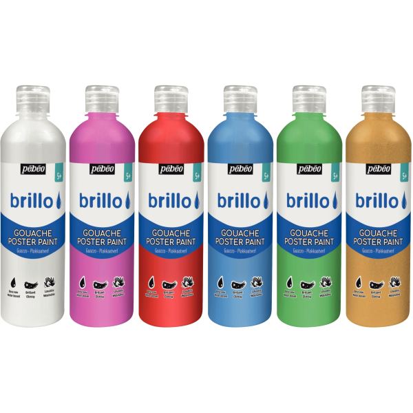Carton de 6 Flacons 500 ml de gouache brillante BRILLO color — DESSIN SCOLAIRE ET PROFESSIONNEL