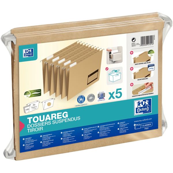 Paquet de 5 dossiers suspendus TOUAREG pour tiroir, dos V, OXFORD TOUAREG — Classement