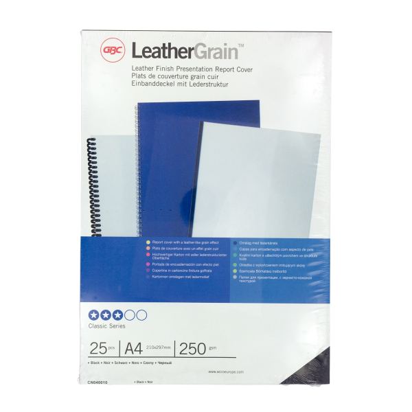 Paquet de 25 couvertures grain cuir 250 gr/m² format A4 noir, GBC — BUREAUTIQUE