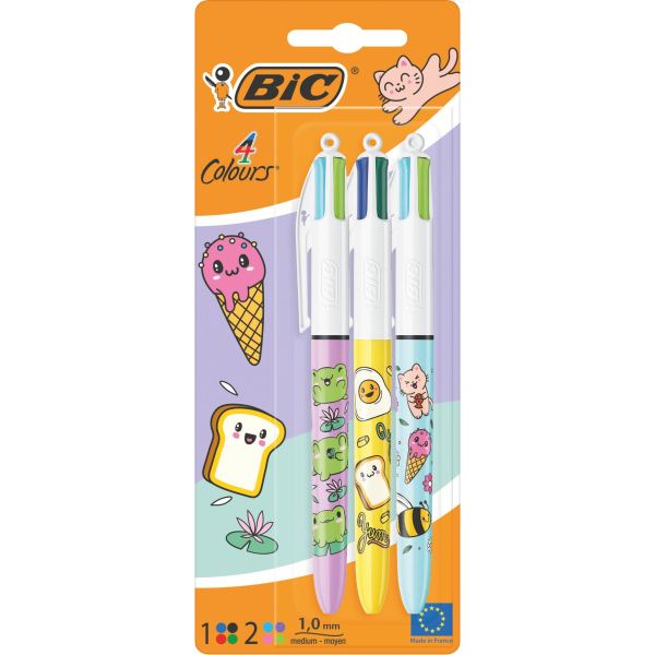 BIC Stylo à bille rétractable 4 Colours Kawaii, blister de 3 — Stylos à bille & accessoires
