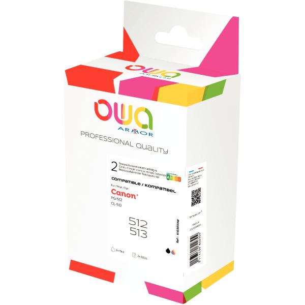 OWA lot 2 cartouches jet d'encre noire et couleur remanufacturées compatibles Canon PG512 / CL513 — Consommables…