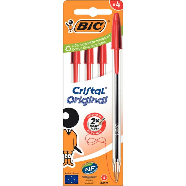 Boite de 4 stylos bille Cristal pointe moyenne rouges — Écrire et corriger