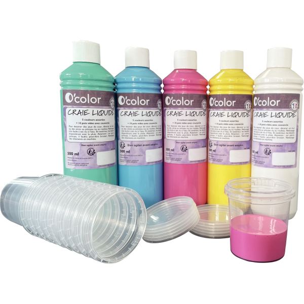 Lot de 5 flacons 500 ml de peinture craie liquide, O'COLOR — DESSIN SCOLAIRE ET PROFESSIONNEL