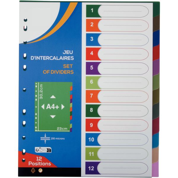 Jeu de 12 intercalaires en polypropylène COLOR FRESH, format — Classement