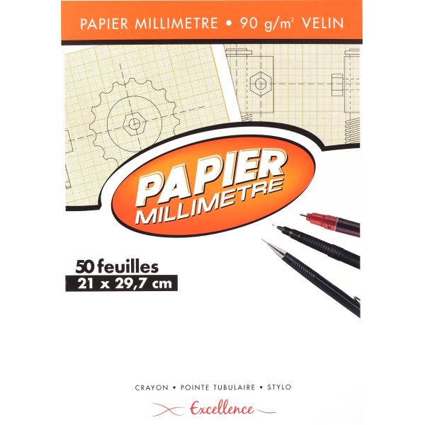 Bloc de 50 feuilles de papier millimétré, 90 g format 21x29,, EXCELLENCE — Papiers