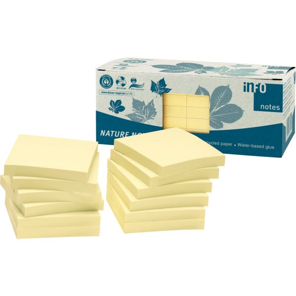 Paquet de 12 blocs de notes repositionnables de 100 feuilles recyclées 75 x 75 mm coloris jaune, N.C — CAHIERS ET DERIVES…