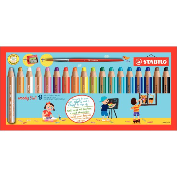 STABILO Crayon multi-talents woody 3 en 1, étui carton de 18 — Crayons à la cire & craies gel