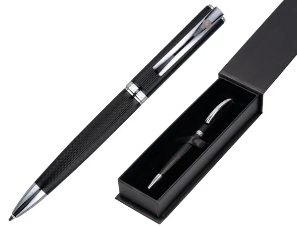 Stylo-bille belius turbo aluminium texture pointillee attributs argent encre bleue coloris noir dans coffret cadeau — Non…