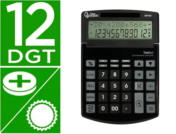 Calculatrice de bureau liderpapel xf40 12 chiffres double ligne solaire et piles 175x120x30mm coloris noir — Non classé