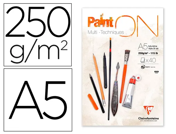 Bloc de dessin encolle clairefontaine paint'on. papier multi technique 250g extra blanc. format a5 14,8 x — Non classé